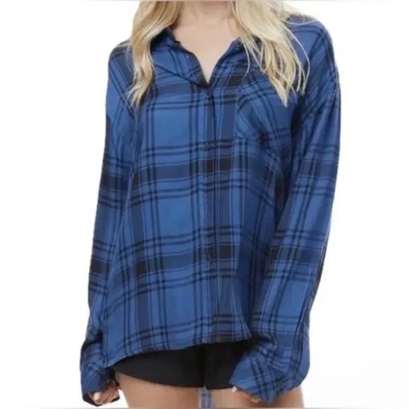 NWT!! WEWOREWHAT Boyfriend Shirt Plaid Navy Blue Collared Oversized Small Medium - Picture 5 of 15